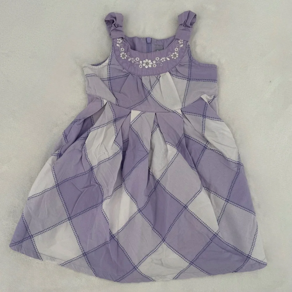 Carters Girls Purple & White Diamond Plaid Floral Embroidered Sun Dress Size 2T